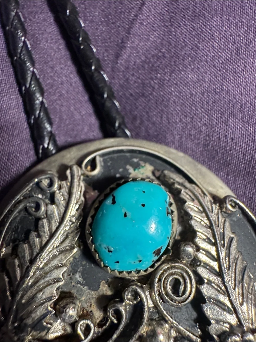 Turquoise Stone Western Bolo Tie - Silver Like Floral Accent